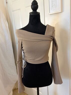 Sabo Skirt Taupe Ribbed Off-Shoulder Long Sleeve Top